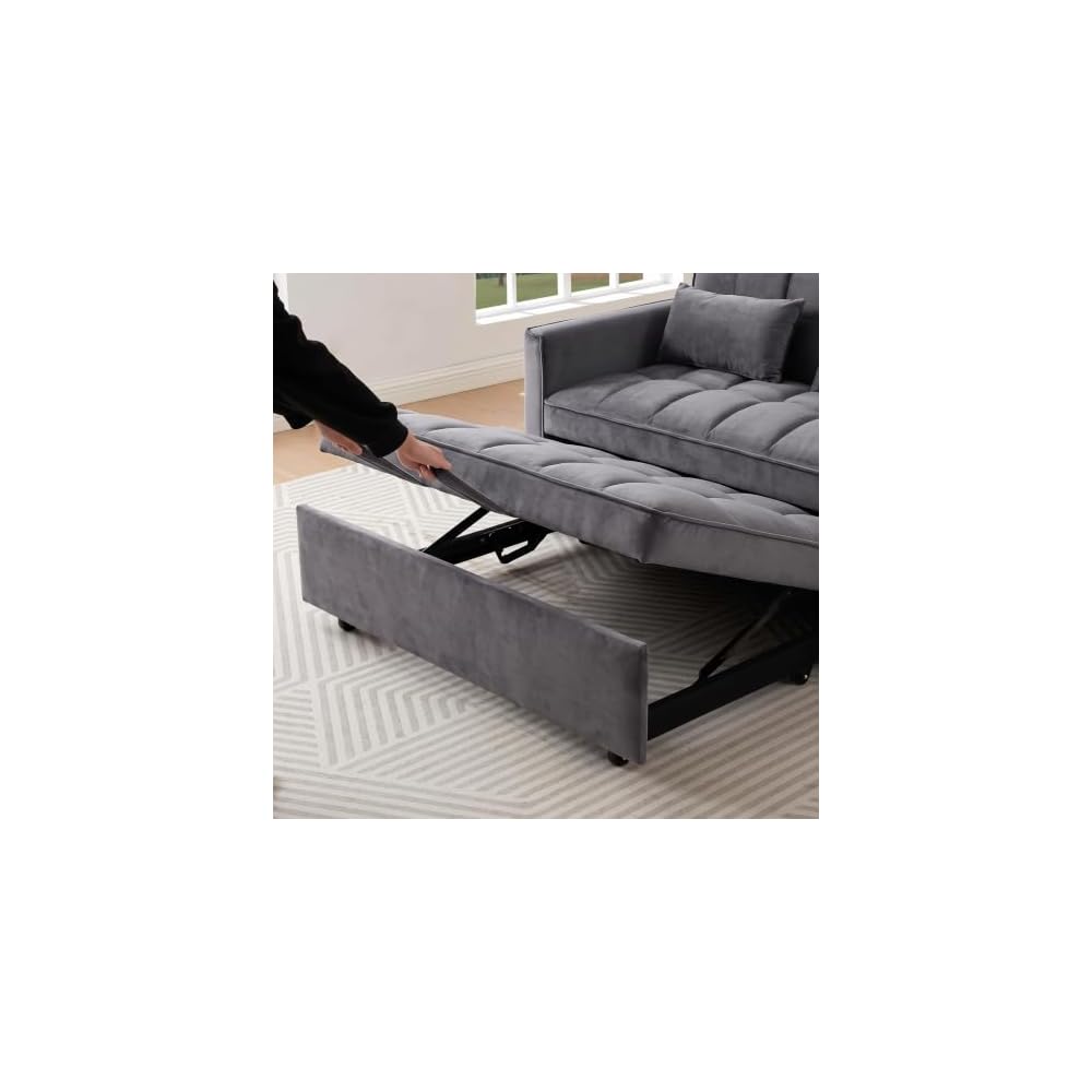 54" Sofa Bed, Velvet Loveseat Sleeper Sofa, Pull Out Bed, Grey