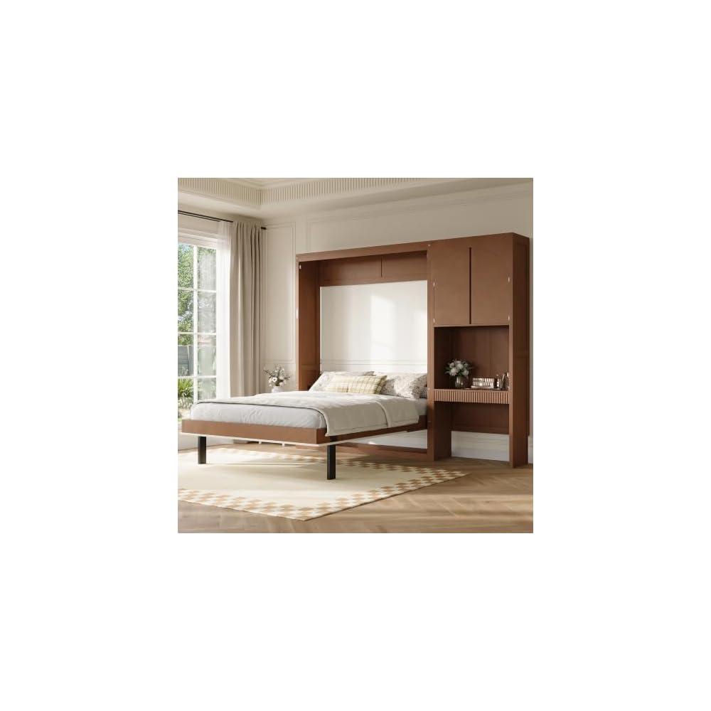 Merax Queen Size Murphy Bed with Desk, Storage Cabinet & LED Light, Walnut