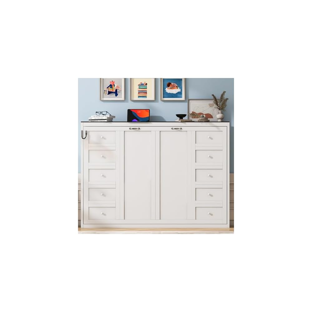 MERITLINE Full Horizontal Murphy Bed with LED Lighting,Solid Wood Folding Farmhouse Murphy Wall Bed Cabinet for Adults, Space-Saving Hideaway (White,Full)