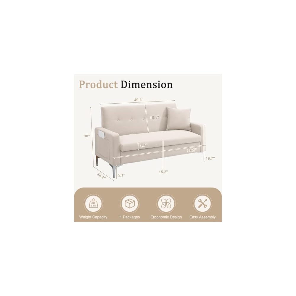 57'' Loveseat Sofa with Storage, Small Love Seats Couches for Bedroom, Living Room, Office, Dorm, 2 Seater Couch with Metal Support Legs and Side Pocket, Tool-Free Assembly (Beige)