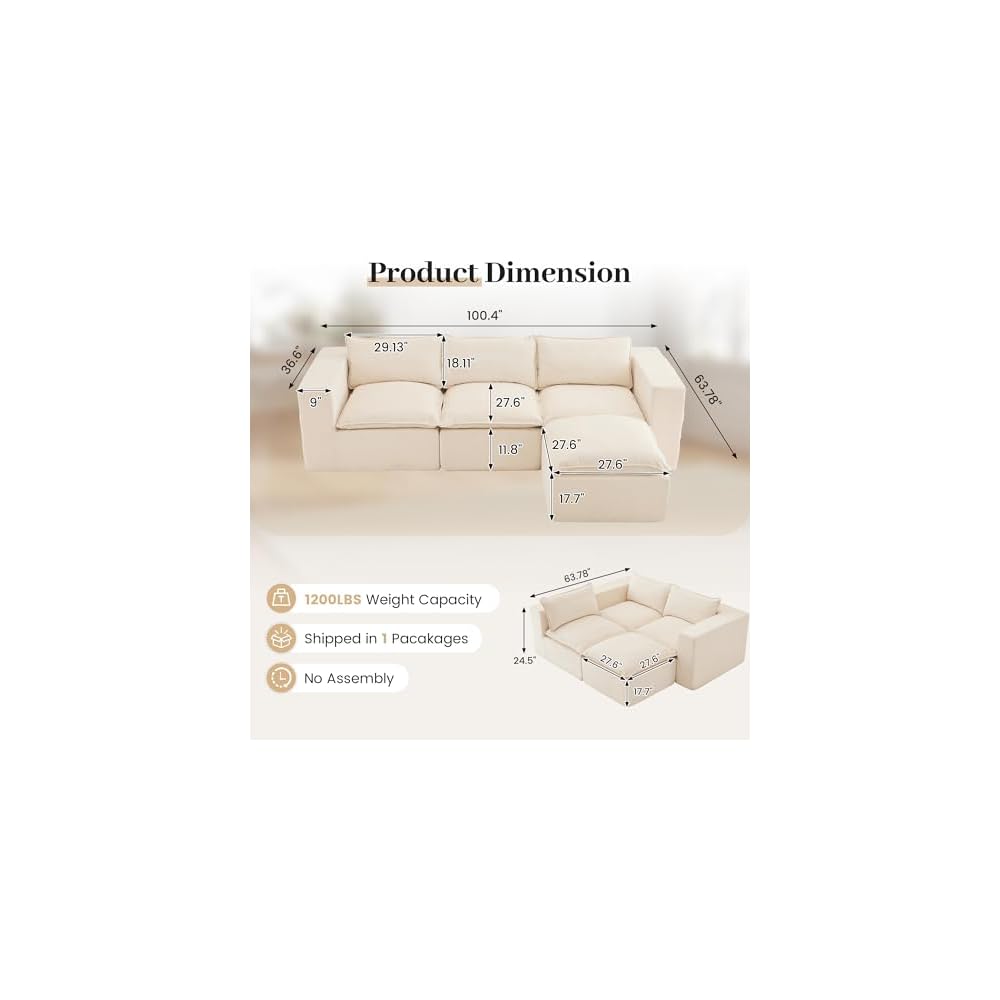 Apicizon 101" Boneless Cloud Sectional Couch for Living Room, Sectional L Shaped Sofa Couch with Ottoman, Modular Sleeper Sofa for Apartment，No Assembly, White