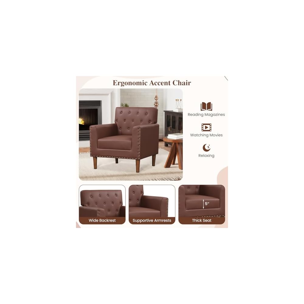KOMFOTT Mid Century Modern Accent Chair, Faux Leather Upholstered Armchair with Button Tufted Decoration & Rivets, Rubber Wood Legs, Soft Padded Seat Cushion, Single Sofa for Living Room, Home (Brown)