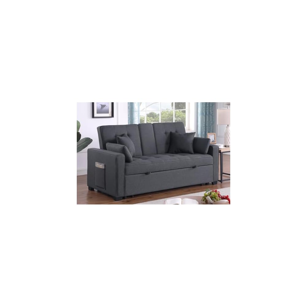 Lilola Home Cody II 70-inch Dark Gray Linen Convertible Sleeper Loveseat with Drop-Down Console, Cup Holders, USB & USB-C Charging Ports, Pocket Coil Seating — Multi-Functional Sofa Bed