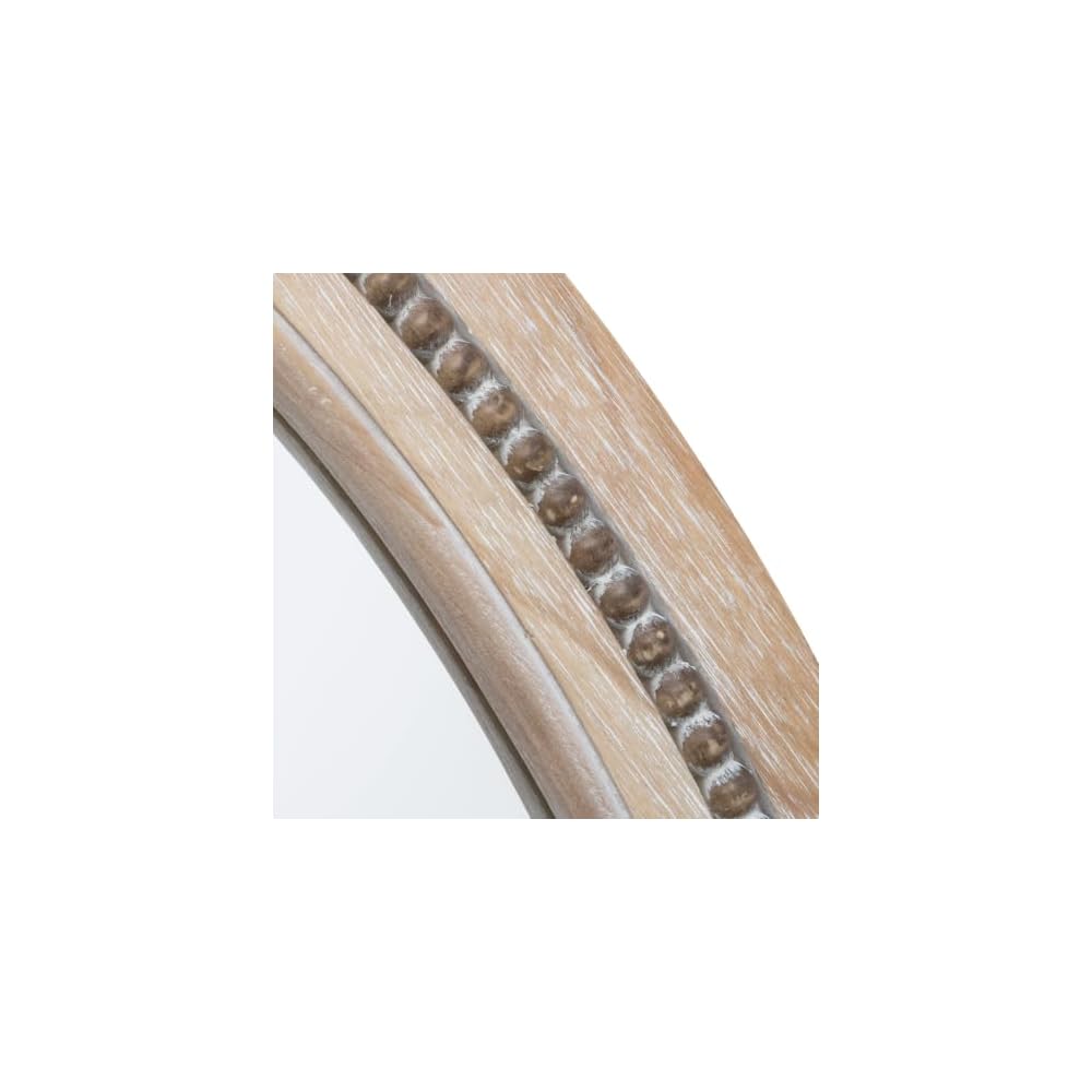 Solid Wood 30 Inch Round Beaded Vanity Wall Mirror, Natural Wood