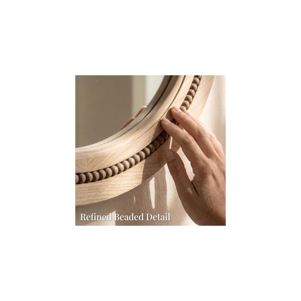 Solid Wood 30 Inch Round Beaded Vanity Wall Mirror, Natural Wood