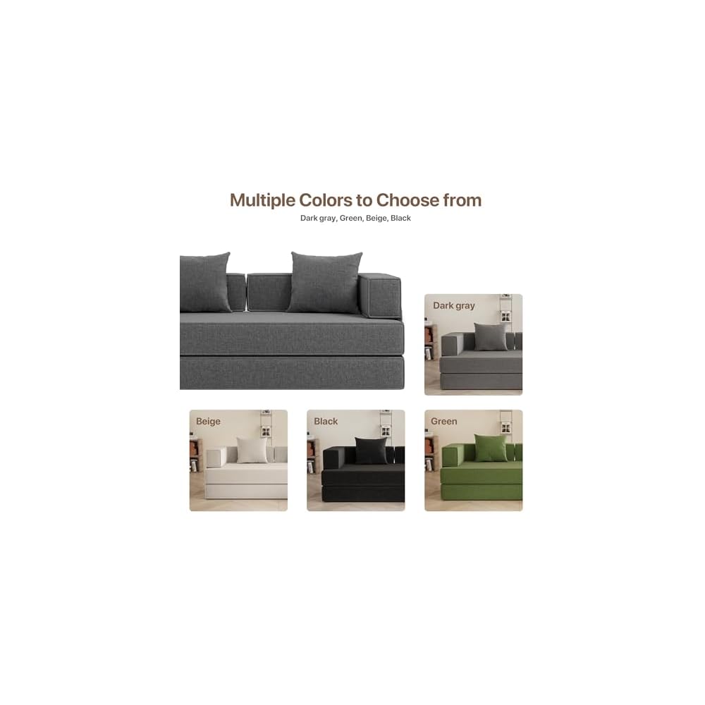 Claiks 4-in-1 Convertible Sofa Bed,86 Inch Compression Sofa with Corduroy Fabric Pull Out Sleeper Sofa with 2 Pillows & 4 Side Pockets for Living Room Bedroom Apartment,No Assembly Required,Dark Grey.