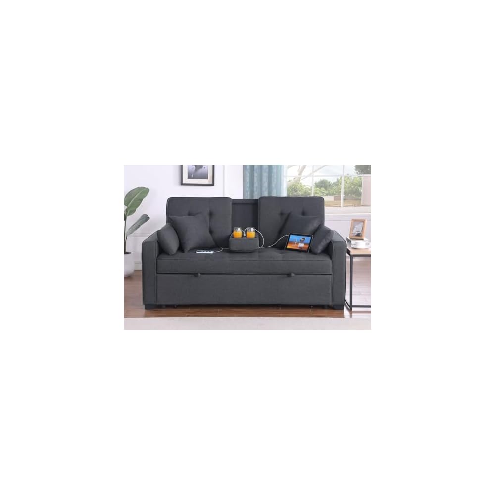 Lilola Home Cody II 70-inch Dark Gray Linen Convertible Sleeper Loveseat with Drop-Down Console, Cup Holders, USB & USB-C Charging Ports, Pocket Coil Seating — Multi-Functional Sofa Bed