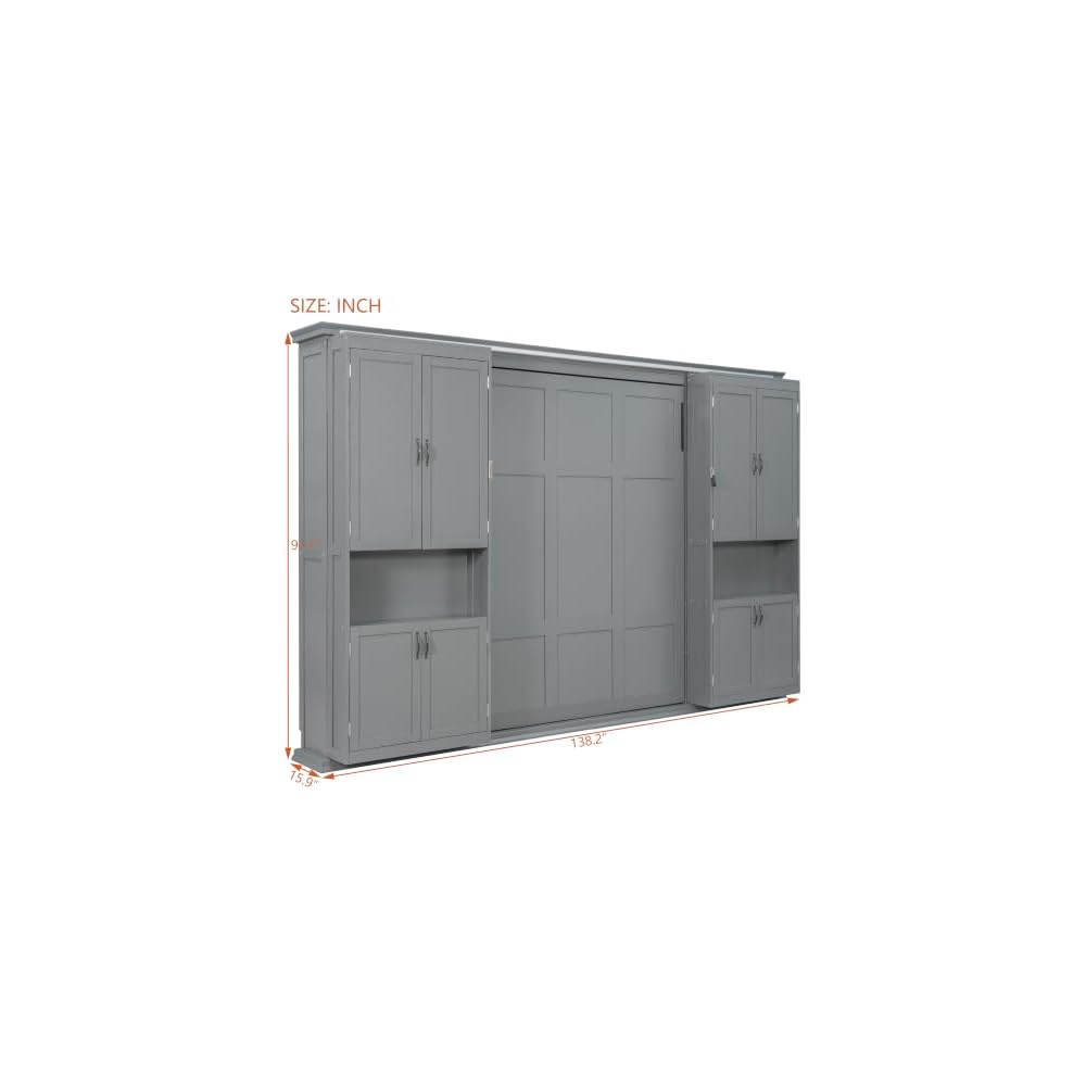 SOFTSEA Queen Murphy Bed with Dual Sliding Cabinets, Gray