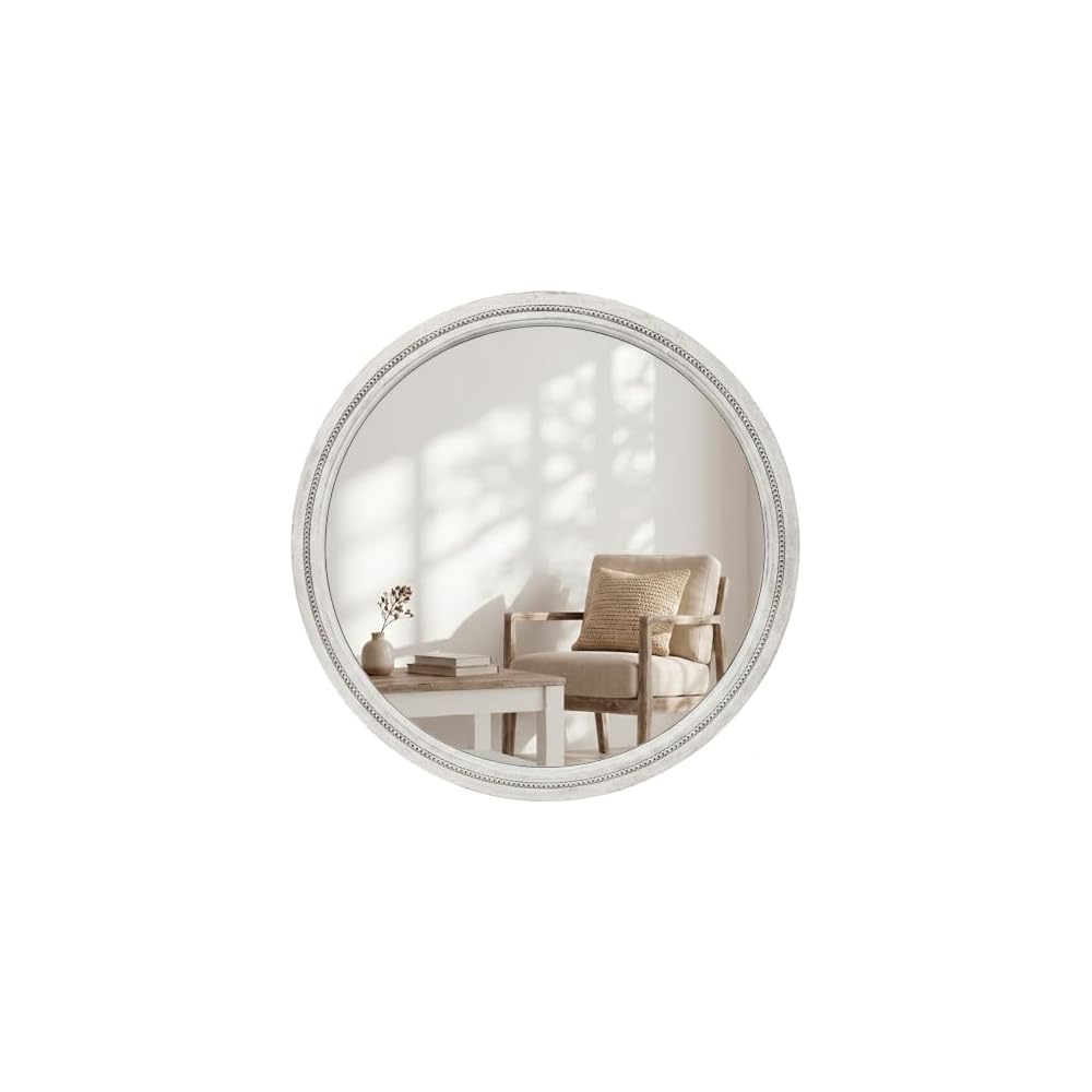 Solid Wood 30 Inch Round Beaded Vanity Wall Mirror, Natural Wood