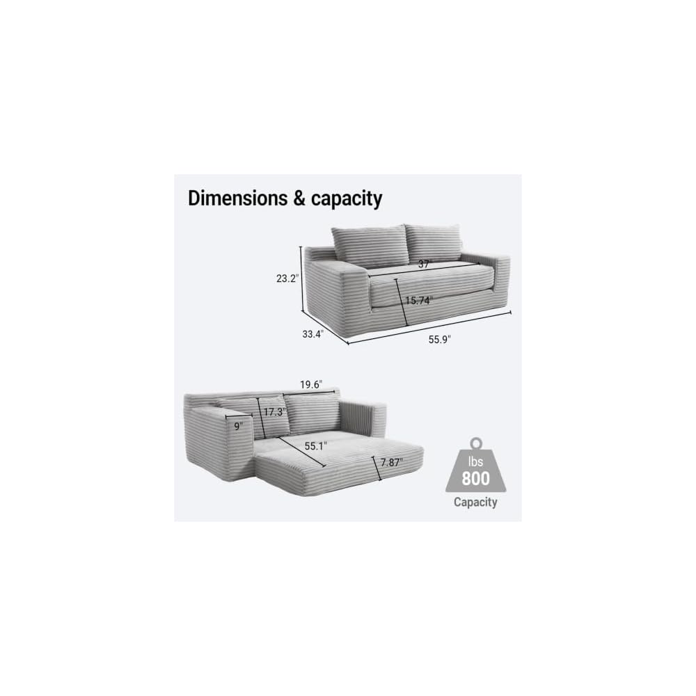 56" Convertible Loveseat Sofa Bed, Memory Foam Couch Corduroy Fabric Grey