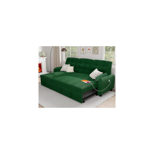 86" Sleeper Sofa Bed, Pull Out Couch Bed with Reversible Storage Chaise, Sectional Couches for Living Room with Side Pocket | Charging Station | Removable Backrest | Prime Linen, Green