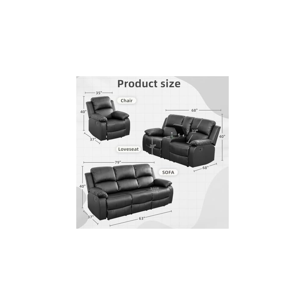 Manual Reclining Couch Sofa Set with Drop-Down Table, 3 Pieces Leather Recliner Couch Sets, Living Room Furniture Sets, Recliner Sofa with Storage Console/Cup Holder for Home/Apartment(Black)