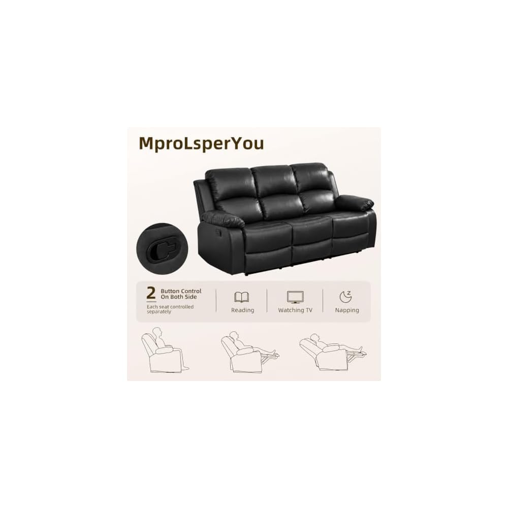 Manual Reclining Couch Sofa Set with Drop-Down Table, 3 Pieces Leather Recliner Couch Sets, Living Room Furniture Sets, Recliner Sofa with Storage Console/Cup Holder for Home/Apartment(Black)