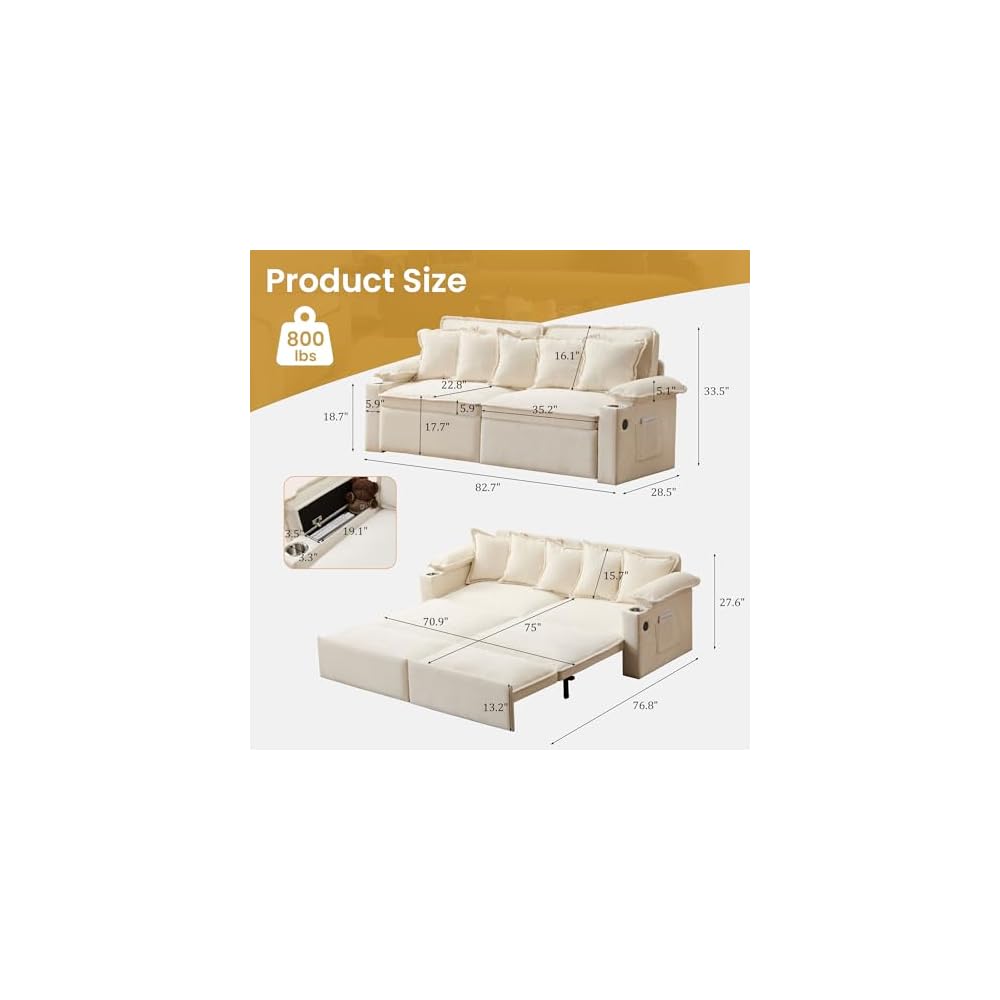 82.7’’ King Size Beige Pull Out Sofa Bed, 3 in 1 Convertible Sleeper Sofa Bed with Futon Sofa, Chenille Loveseat Couch Bed with USB and Storage Pockets for Living Room,Bedroom