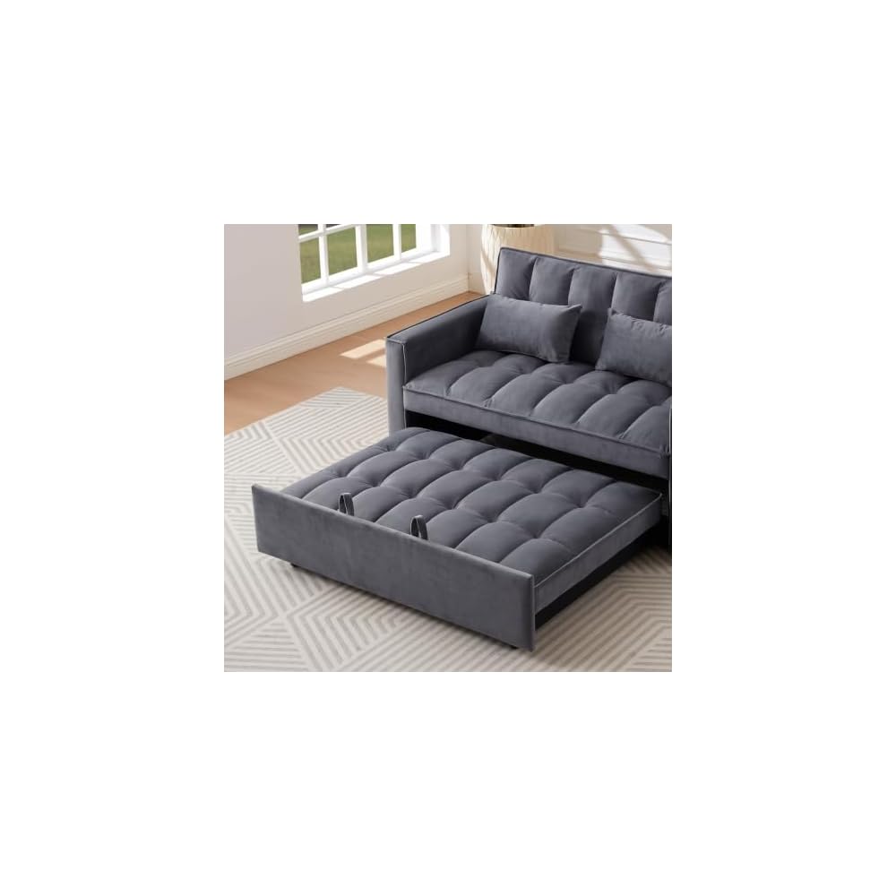 54" Sofa Bed, Velvet Loveseat Sleeper Sofa, Pull Out Bed, Grey