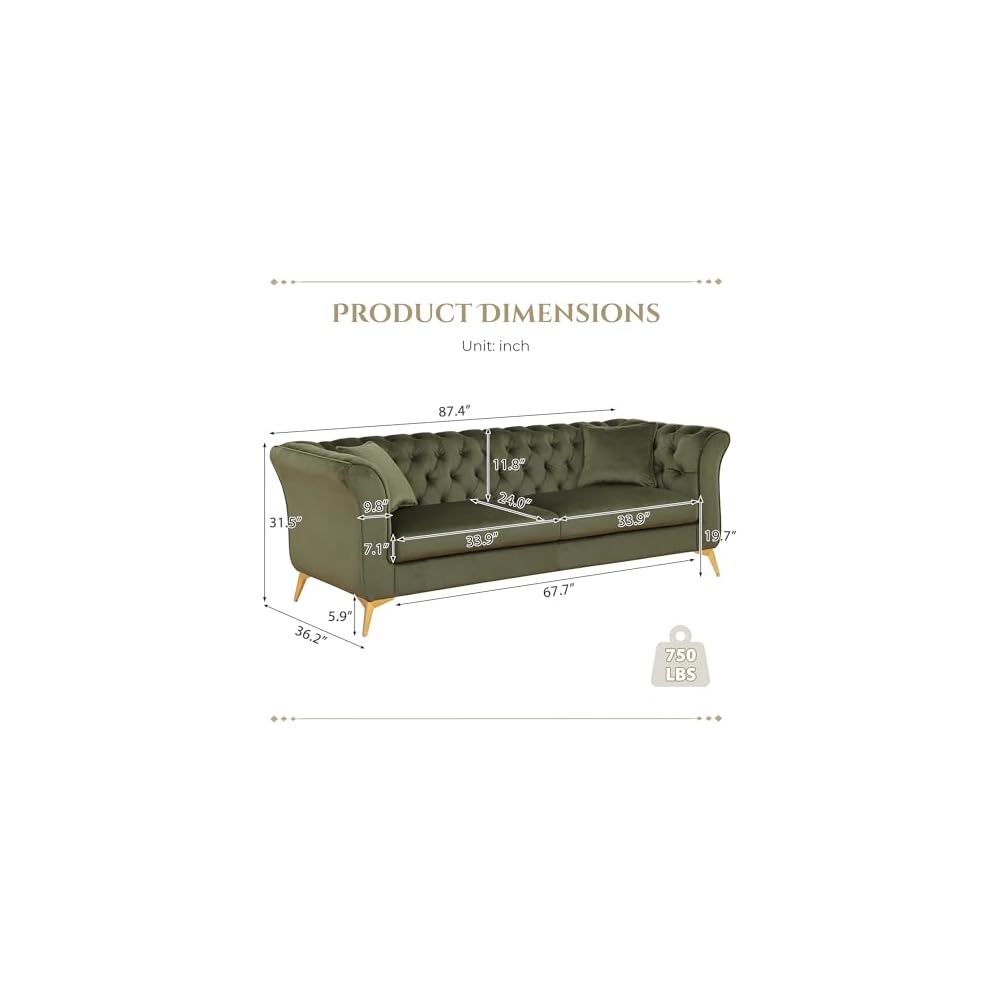 87" Chesterfield Sofa, Contemporary Stanford Sofa, 3 Seater Deep Seat Sofa, Comfy Upholstered Velvet Couch with Scroll Arm and Scroll Back for Living Room Bedroom Office, Green