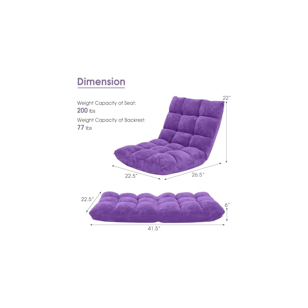 HOMGX Floor Chair with Back Support, 14-Poistion Adjustable Gaming Lazy Sofa Cushioned Chair w/Soft Coral Fleece & Memory Foam Padding, Folding Cushioned Meditation Chair for Reading (Violet)