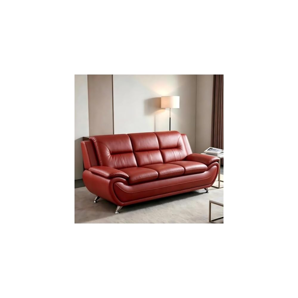 Red PU Leather 3-Seater Sofa, Curved Three Seat Couch with Metal Legs
