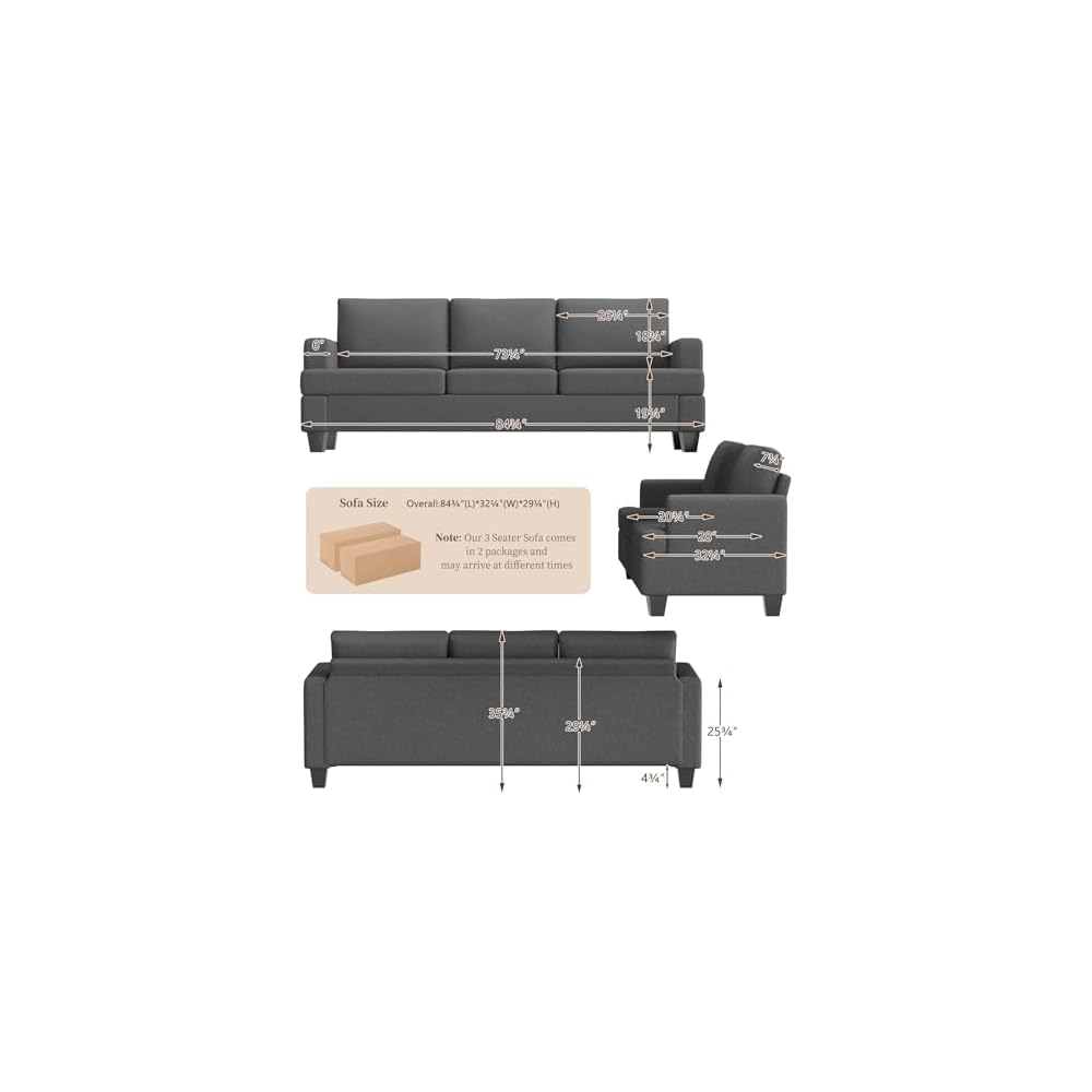 Furnimart 85 inch Grey 3 Seater Couches, Modern Cozy Deep Seat Sofa, Comfy Fluffy Couch for Living Room, Small Couches for Small Space, with Removable Sofa Cover, Dark Grey