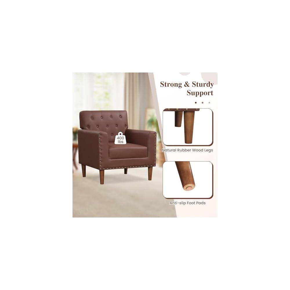 KOMFOTT Mid Century Modern Accent Chair, Faux Leather Upholstered Armchair with Button Tufted Decoration & Rivets, Rubber Wood Legs, Soft Padded Seat Cushion, Single Sofa for Living Room, Home (Brown)