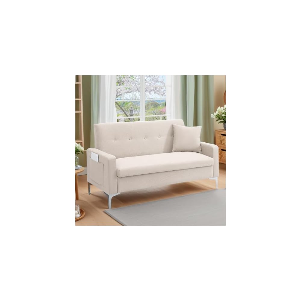 57'' Loveseat Sofa with Storage, Small Love Seats Couches for Bedroom, Living Room, Office, Dorm, 2 Seater Couch with Metal Support Legs and Side Pocket, Tool-Free Assembly (Beige)