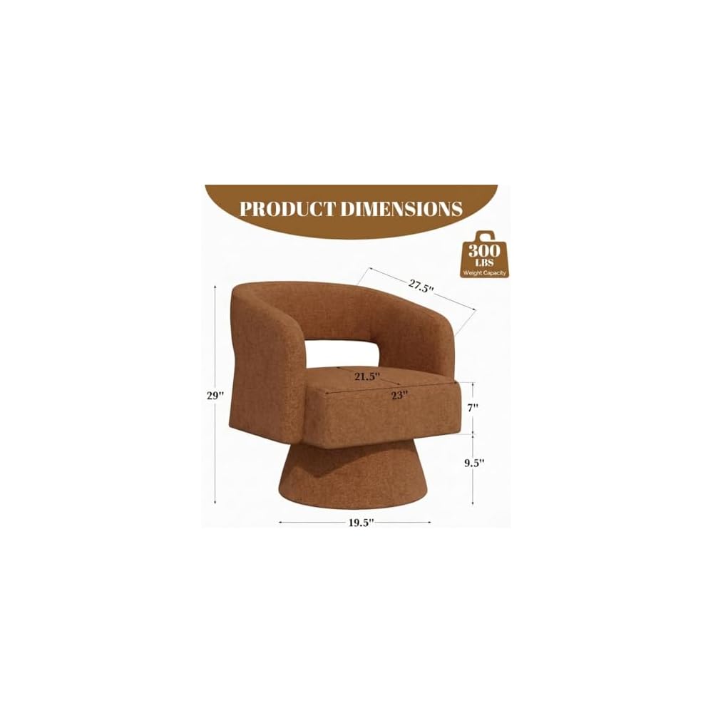 Chenille Barrel Accent Chair – Heavy Duty 360° Swivel, Oversized, Upholstered Round Design, Modern Stylish Furniture for Bedroom Living Room Lounge & Office (Brown, Set of 1)