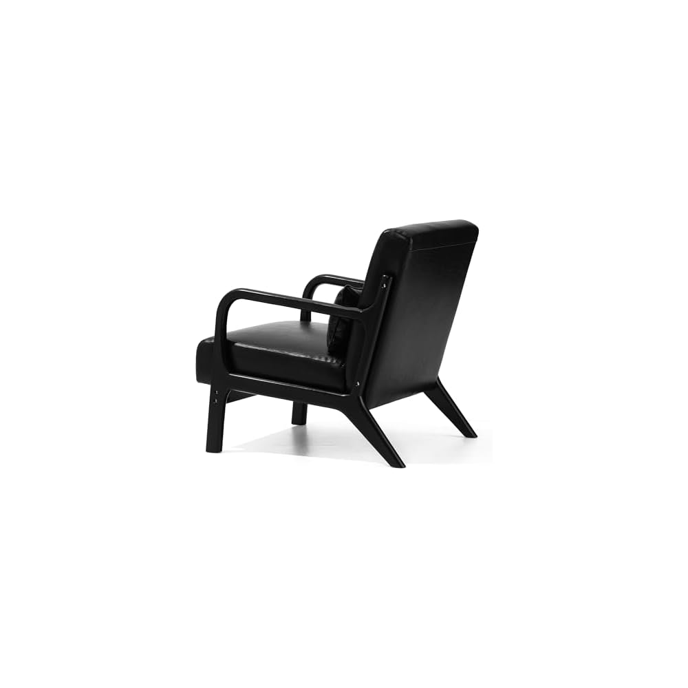 Glitzhome Accent Armchair with Walnut Ruberwood Frame, Black PU Leather Lounge Chair for Living Room