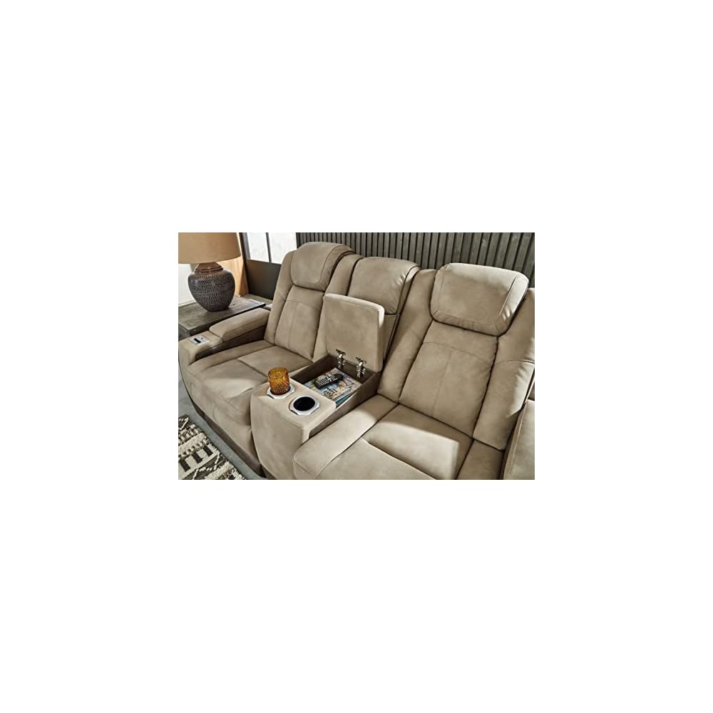 Signature Design by Ashley Next-Gen DuraPella Power Reclining Sofa with Adjustable Headrest, Sand & Next-Gen DuraPella Power Reclining Loveseat with Console & Adjustable Headrest, Sand