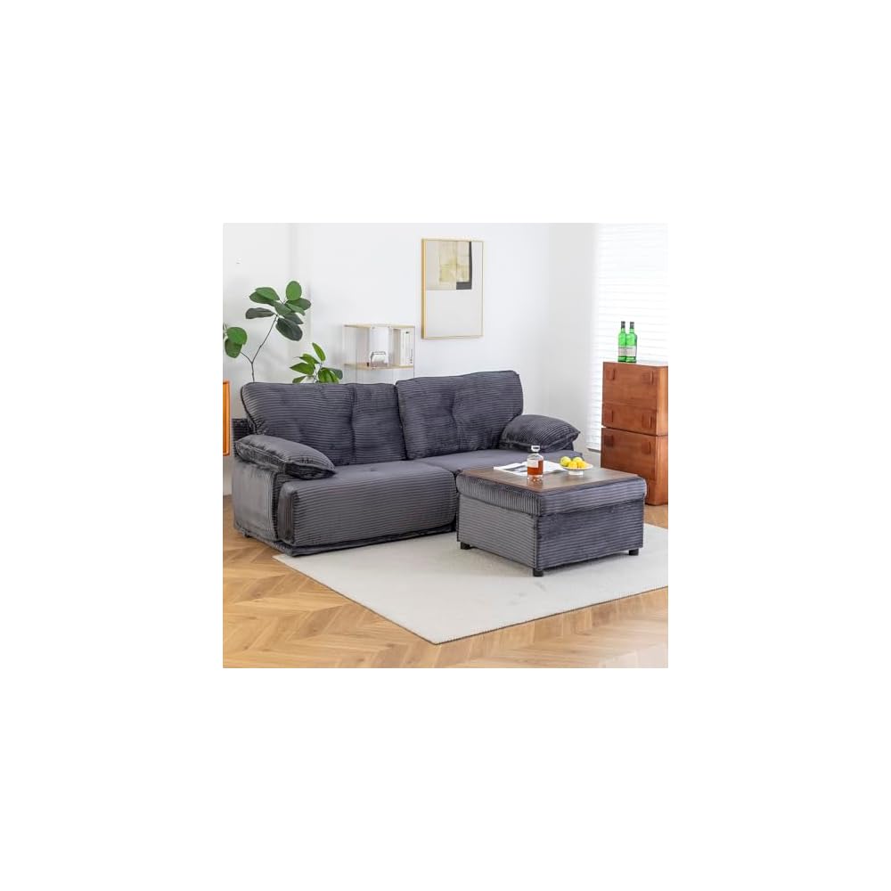 Keydo 90" Oversize Loveseat Sofa with Storage Ottoman, Love Seat Couch with Coffee Table, L Shaped Couch Sofa for Living Room, Deep and Wide Seat, Gray