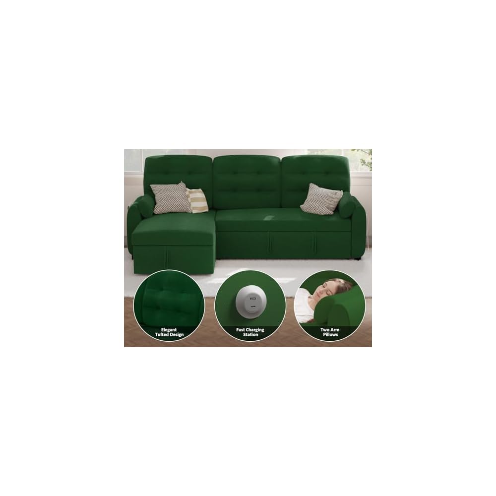 86" Sleeper Sofa Bed, Pull Out Couch Bed with Reversible Storage Chaise, Sectional Couches for Living Room with Side Pocket | Charging Station | Removable Backrest | Prime Linen, Green