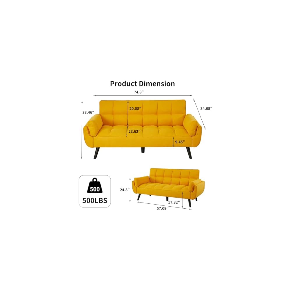 Sofa Couch for Living Room, 74.8" Linen Tufted Modern Comfy Couch with Pillow-Top Armrest, 3 Seater Upholstered Sofa for Small Spaces, Office, Apartment, Golden Yellow