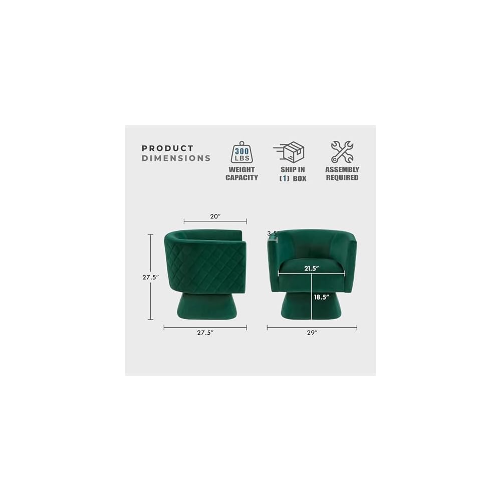 Lexicon 360 Degree Swivel Accent Chair, Modern Comfy Velvet Barrel Chair, Diamond Stitched Details, Plush Foam Cushions, Metal Swivel Base, for Living Room/Bedroom/Apartment/Office, Green
