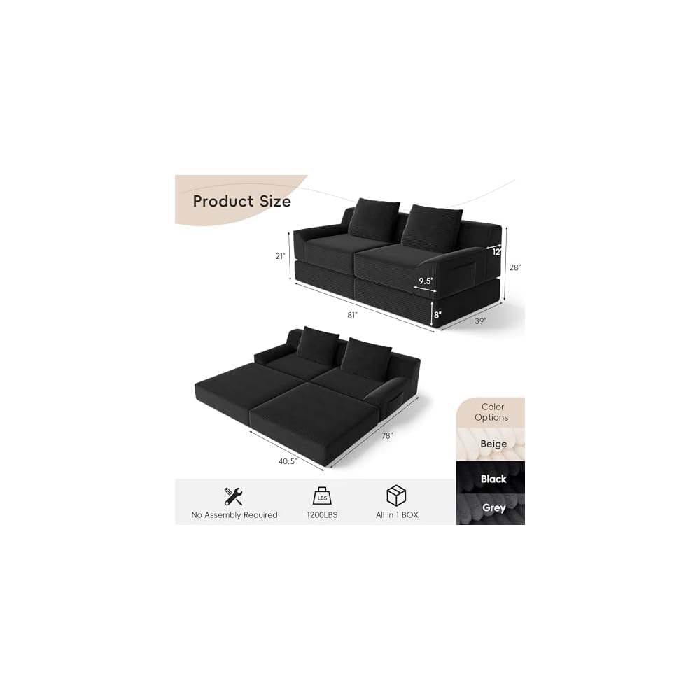 Cloud Modular Floor Boneless Sofa Bed, 81" Corduroy Convertible Loveseat Sleeper, No-Assembly Memory Foam Couch, Washable Cover & Non-Slip Bottom, Ideal for Small Space, Apartment, Guest Room (Black)