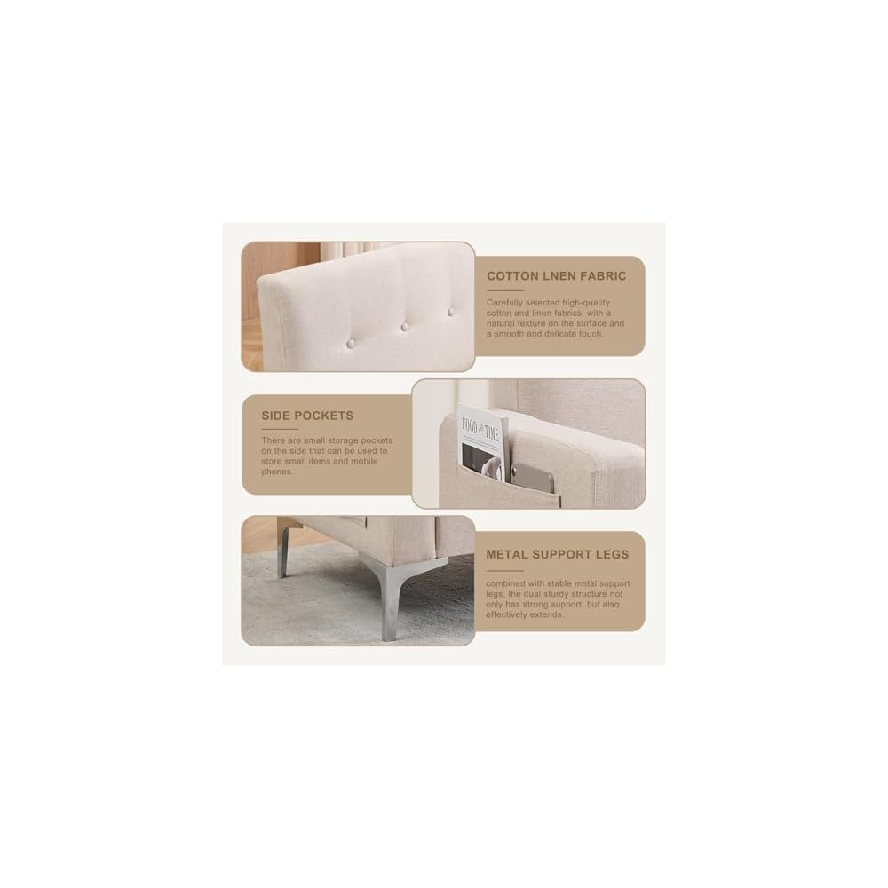 57'' Loveseat Sofa with Storage, Small Love Seats Couches for Bedroom, Living Room, Office, Dorm, 2 Seater Couch with Metal Support Legs and Side Pocket, Tool-Free Assembly (Beige)