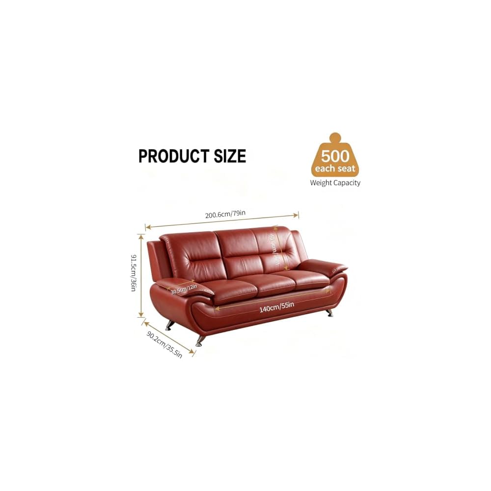Red PU Leather 3-Seater Sofa, Curved Three Seat Couch with Metal Legs