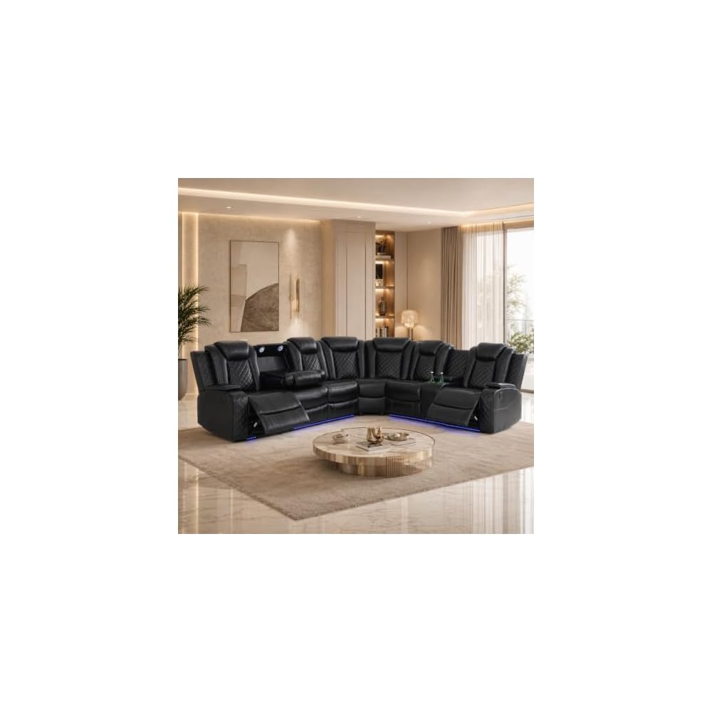 Power Recliner Sofa Sectional with LED Lights,Sectional Couches for Living Room with Cup Holder,6 Seater Home Theater Seating Reclining Sofa Furniture Set + Drop Down Tabel ,Storage,Wireless Charger