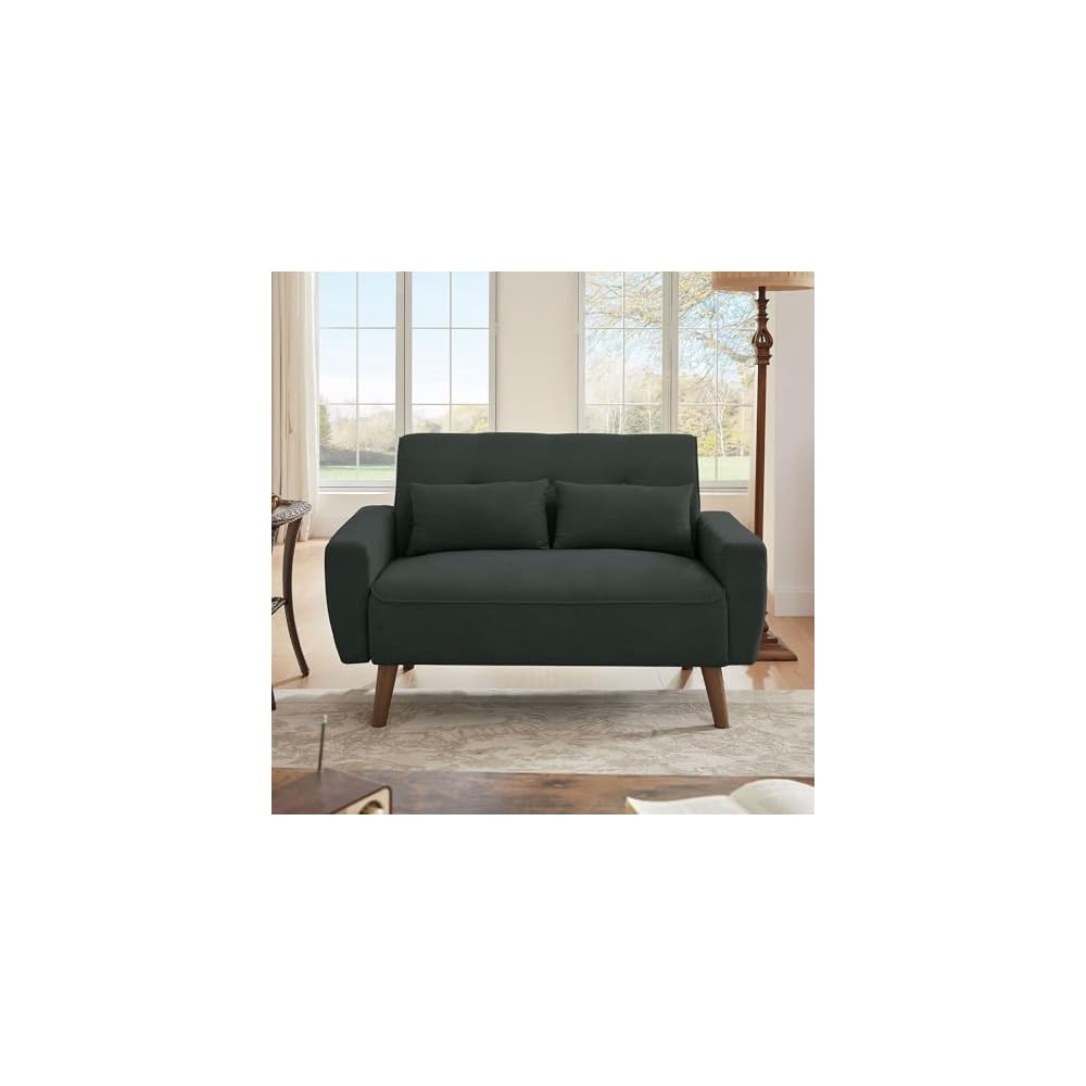 Loveseat Sofa Couch with Two Throw Pillows, Mid Century Modern 2 Seat Love Seat Couches for Living Room, Linen Fabric, 48" (Black)