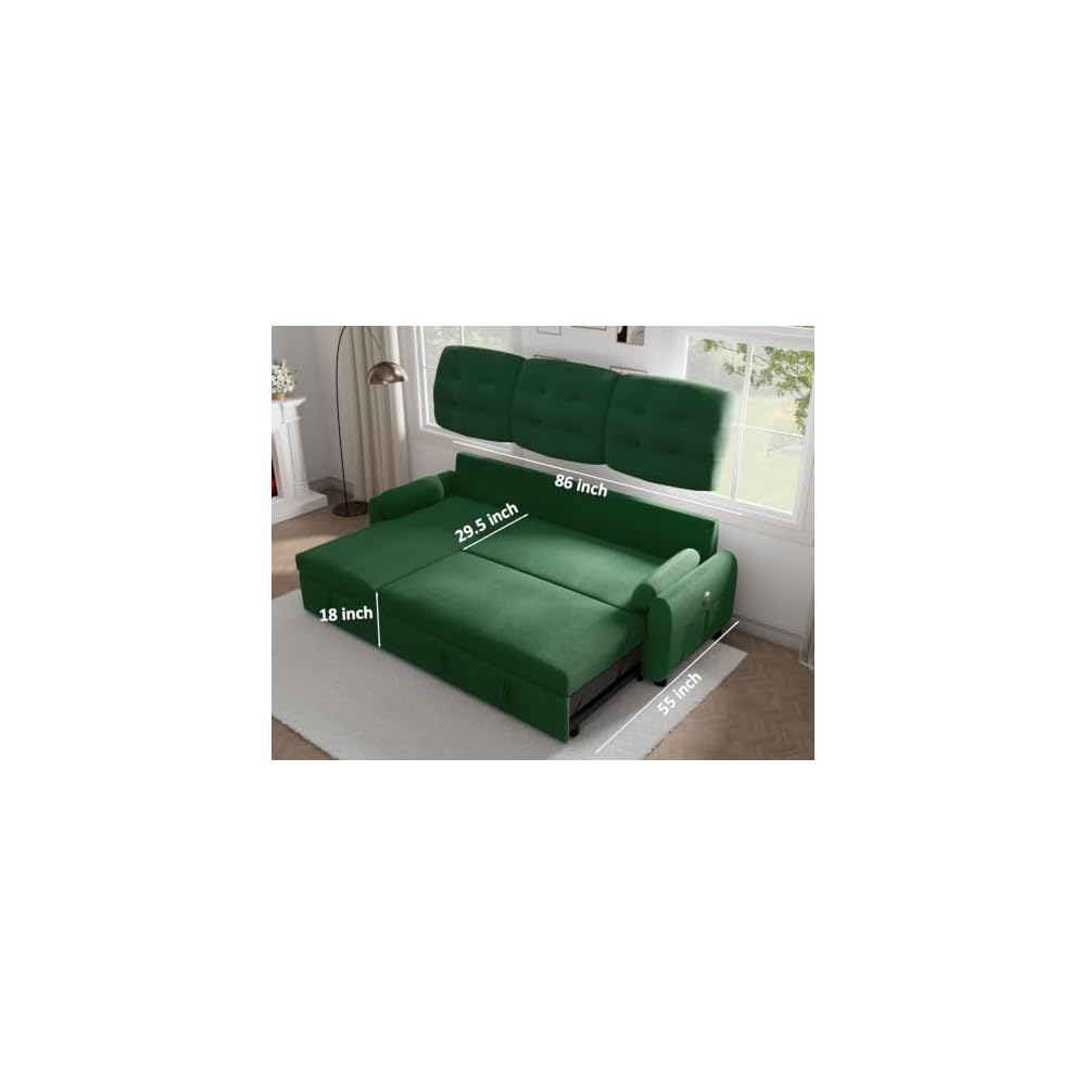 86" Sleeper Sofa Bed, Pull Out Couch Bed with Reversible Storage Chaise, Sectional Couches for Living Room with Side Pocket | Charging Station | Removable Backrest | Prime Linen, Green