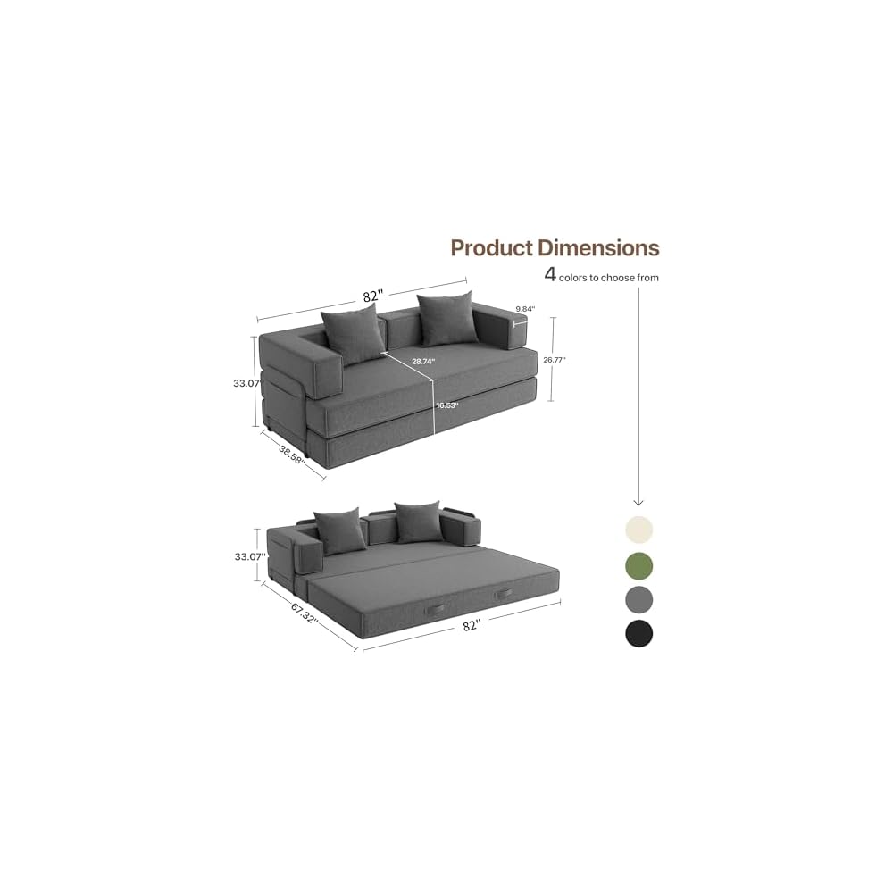 Claiks 4-in-1 Convertible Sofa Bed,86 Inch Compression Sofa with Corduroy Fabric Pull Out Sleeper Sofa with 2 Pillows & 4 Side Pockets for Living Room Bedroom Apartment,No Assembly Required,Dark Grey.