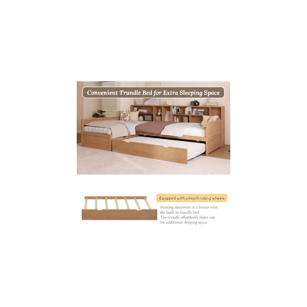 Merax Twin Wooden L-Shaped Daybed with Trundle and Storage Drawer, Seadrift