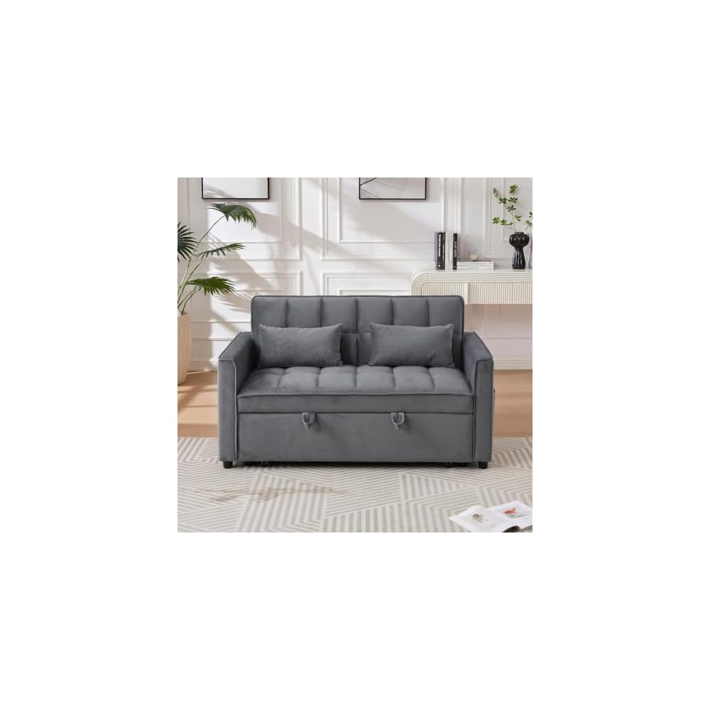54" Sofa Bed, Velvet Loveseat Sleeper Sofa, Pull Out Bed, Grey