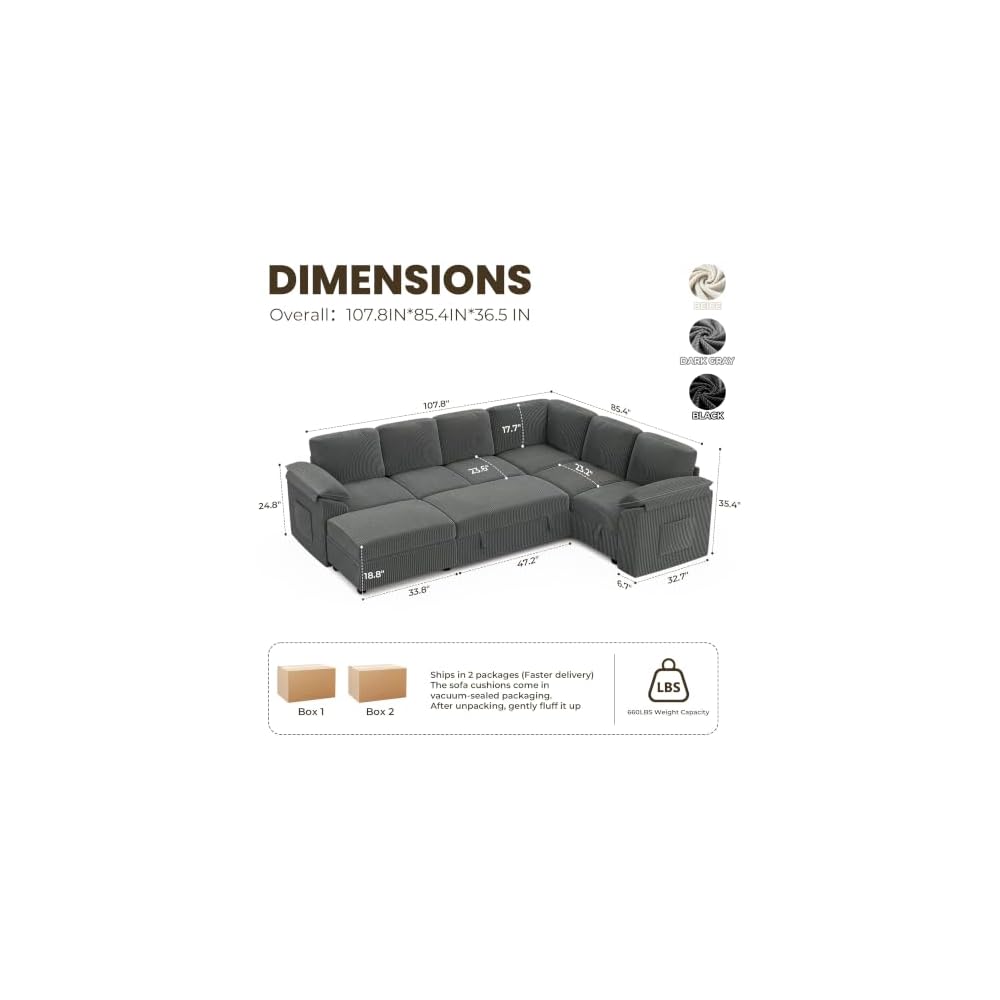 108'' Modular Sectional Sleeper Sofa Couches for Living Room, Dark Grey