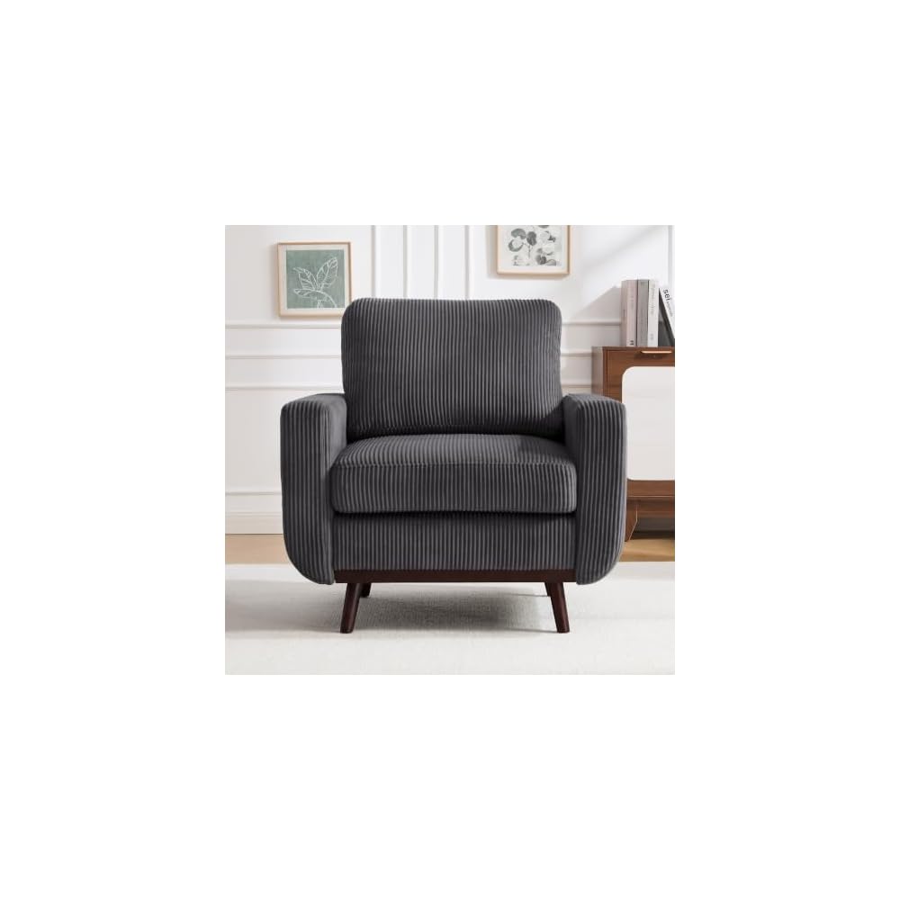 Accent Chair for Bedroom,Reading Chair with Deep Seat,Corduroy Armchair with Wood Legs, Comfy Living Room Chairs Single Sofa for Indoor Bedroom Apartment(Black)