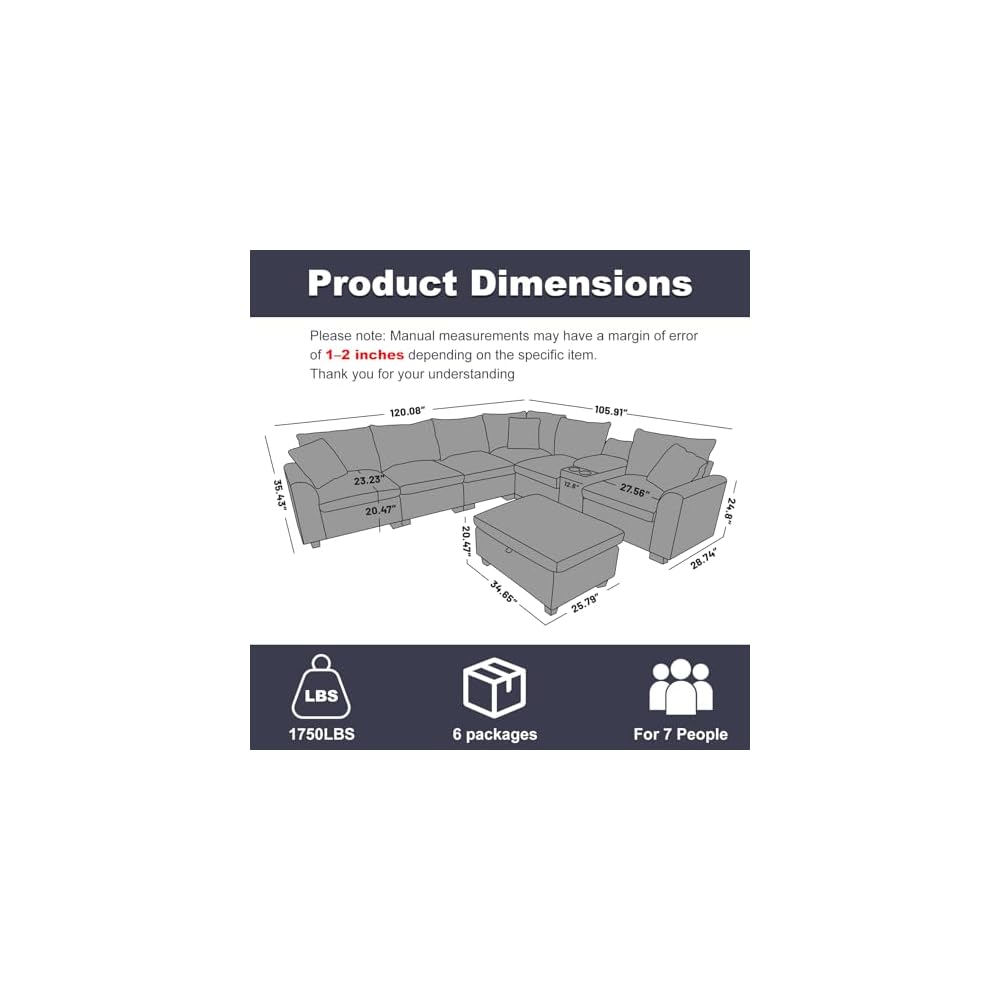 120" L shaped Sectional Couches for Living Room with Central Console