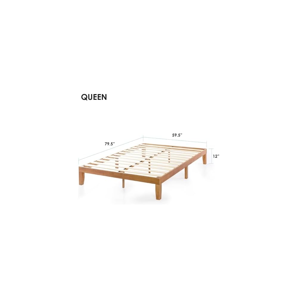 Mellow Naturalista Classic - 12 Inch Solid Wood Platform Bed with Wooden Slats, No Box Spring Needed, Easy Assembly, Queen, Pine