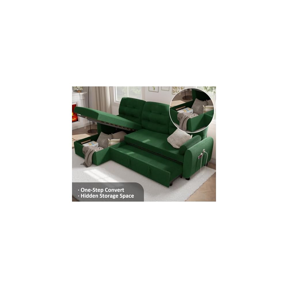 86" Sleeper Sofa Bed, Pull Out Couch Bed with Reversible Storage Chaise, Sectional Couches for Living Room with Side Pocket | Charging Station | Removable Backrest | Prime Linen, Green