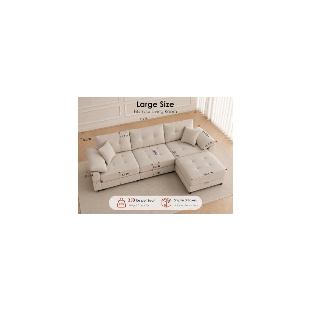 116" Modular Sectional Sofa with Storage Ottoman, Deep Seat L-Shaped Couch