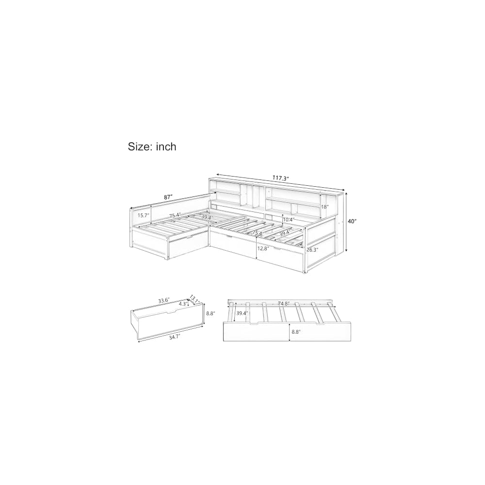 Merax Twin Wooden L-Shaped Daybed with Trundle and Storage Drawer, Seadrift