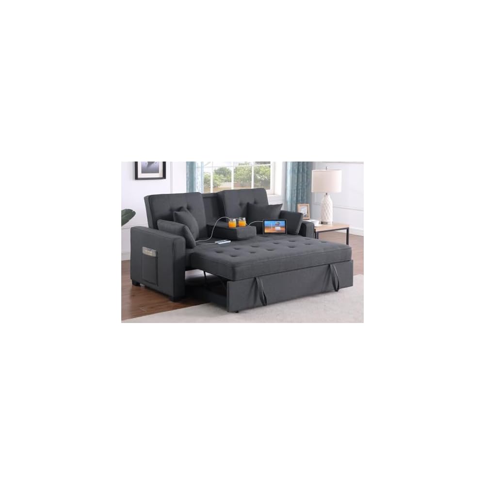 Lilola Home Cody II 70-inch Dark Gray Linen Convertible Sleeper Loveseat with Drop-Down Console, Cup Holders, USB & USB-C Charging Ports, Pocket Coil Seating — Multi-Functional Sofa Bed