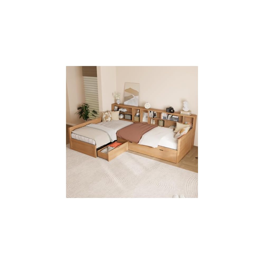 Merax Twin Wooden L-Shaped Daybed with Trundle and Storage Drawer, Seadrift